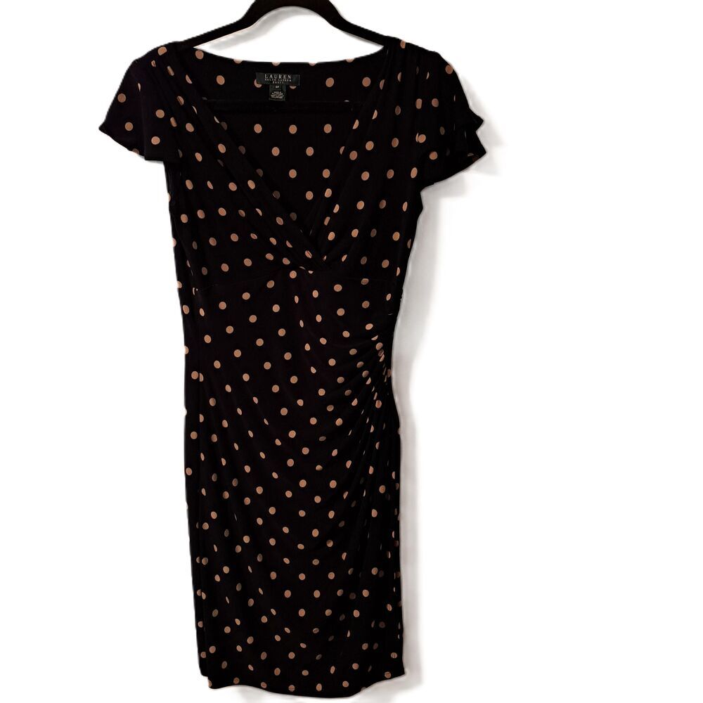 Lauren Ralph Lauren Womens Black Tan Polka Dot Faux Wrap Sheath Dress Size 8P